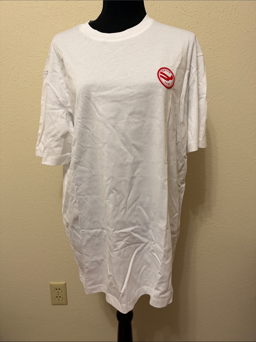 Bally White Short-Sleeve Tee with Red Chest Emblem